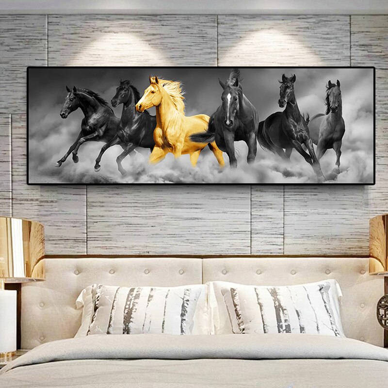 Six Running Black and Gold Horse Animals Canvas Pa..